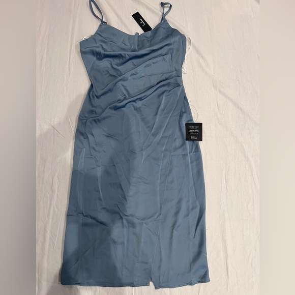 NTW Lulus Dusty Blue Satin  Cowl Neck Slip midi Dress - Picture 2 of 5